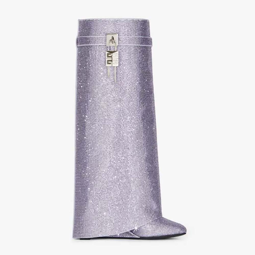 Side view of Givenchy Women Shark Lock Boots in Satin with Strass-Silver