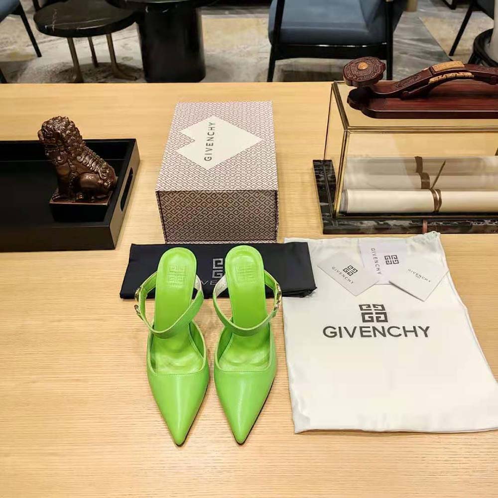 Close-up of green leather and silver logo on Givenchy Women Voyou Slingbacks