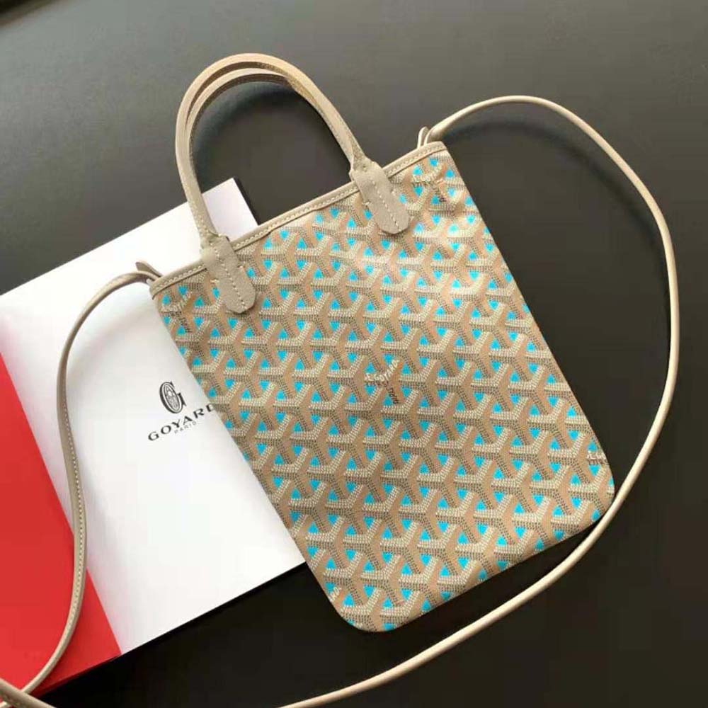 Side angle of Goyard Women Poitiers Claire-voie Bag-Blue highlighting silhouette and strap