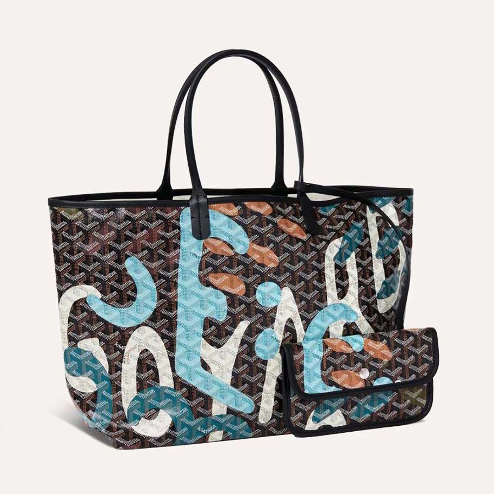 Front angled view of Goyard Women Saint Louis PM Bag Lettres Camouflage-Blue