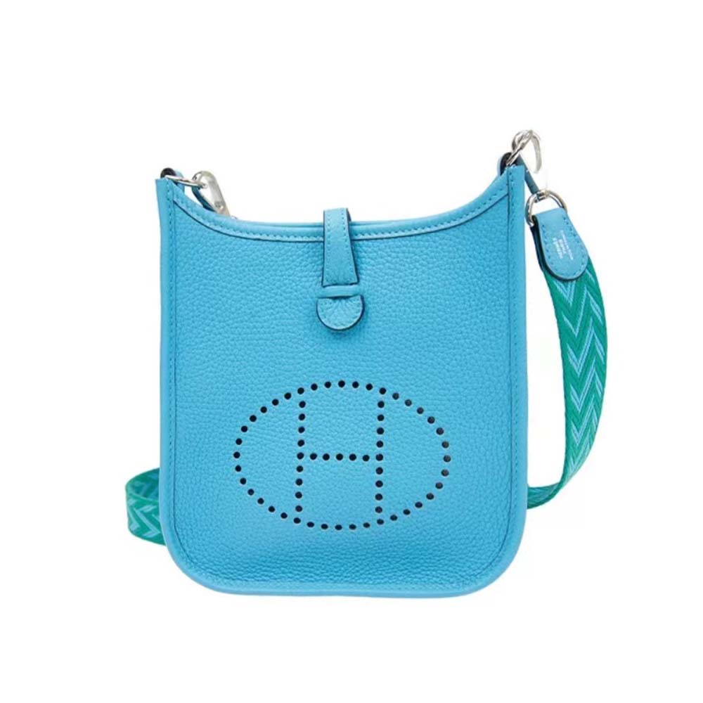 Front view of Hermes Evelyne III 16 Mini Model Bag in calfskin-blue