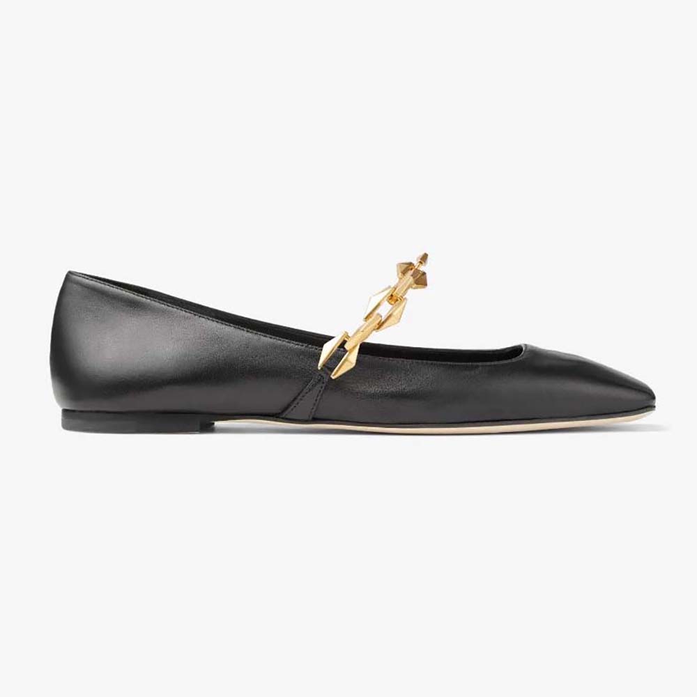 Side angle of Jimmy Choo Women Diamond Tilda Black Nappa Flats with chain