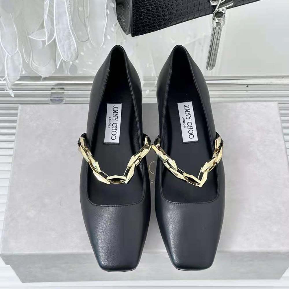 Close-up of silver chain detail on Jimmy Choo Diamond Tilda flats