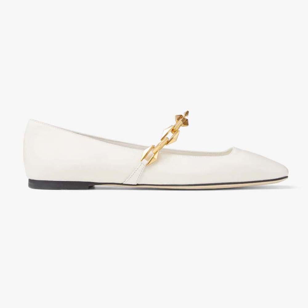 Side view of Jimmy Choo Women Diamond Tilda Flat Black Nappa Leather Flats with Chain-White