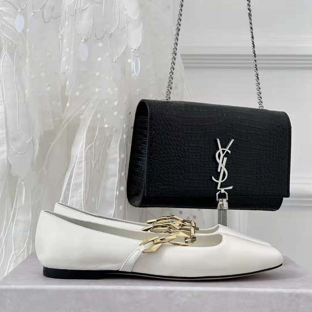 Jimmy Choo Women Diamond Tilda Flat Black Nappa Leather Flats with Chain-White - image 8