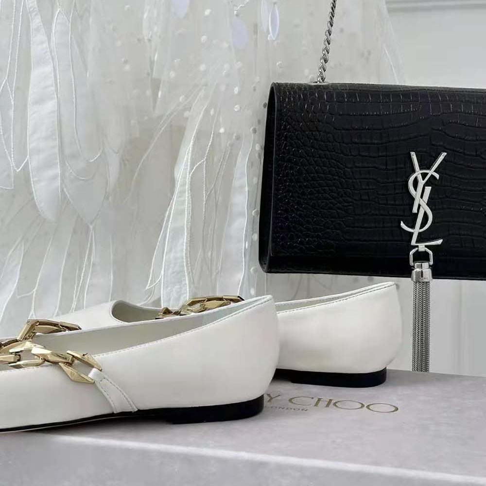 Jimmy Choo Women Diamond Tilda Flat Black Nappa Leather Flats with Chain-White - image 6