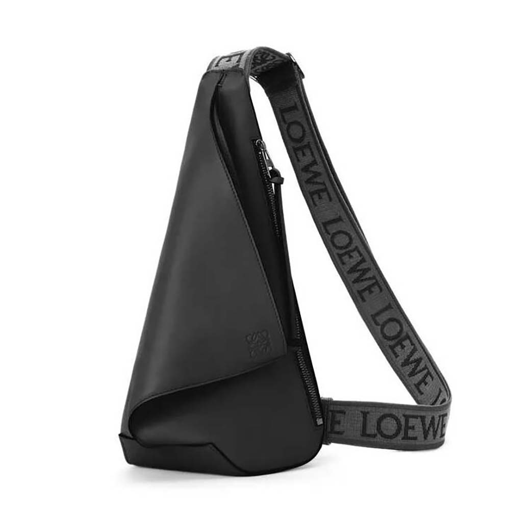 Front angle view of Loewe Men Anton Sling in black leather and jacquard