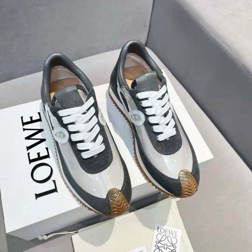 Close-up of silver calfskin detail on Loewe Unisex Flow Runner sneaker