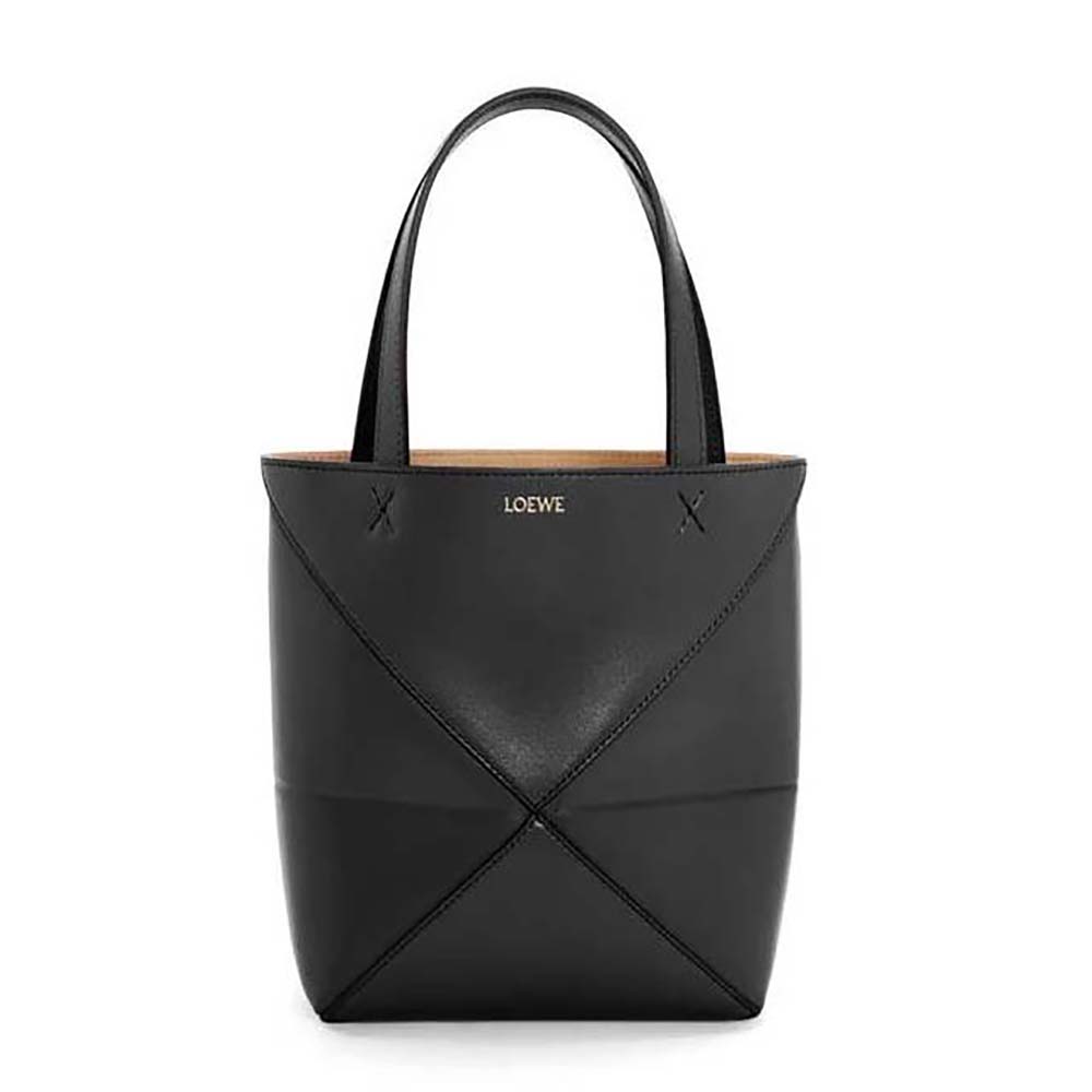 Front angled view of Loewe Unisex Mini Puzzle Fold Tote in shiny black calfskin