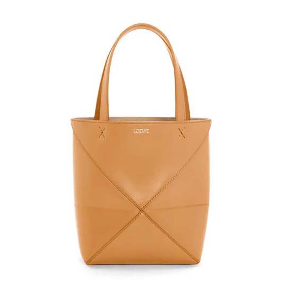 Front view of Loewe Unisex Mini Puzzle Fold Tote in shiny brown calfskin