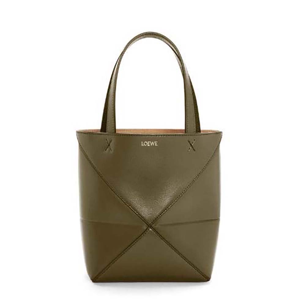 Front angle view of Loewe Unisex Mini Puzzle Fold Tote in shiny green calfskin