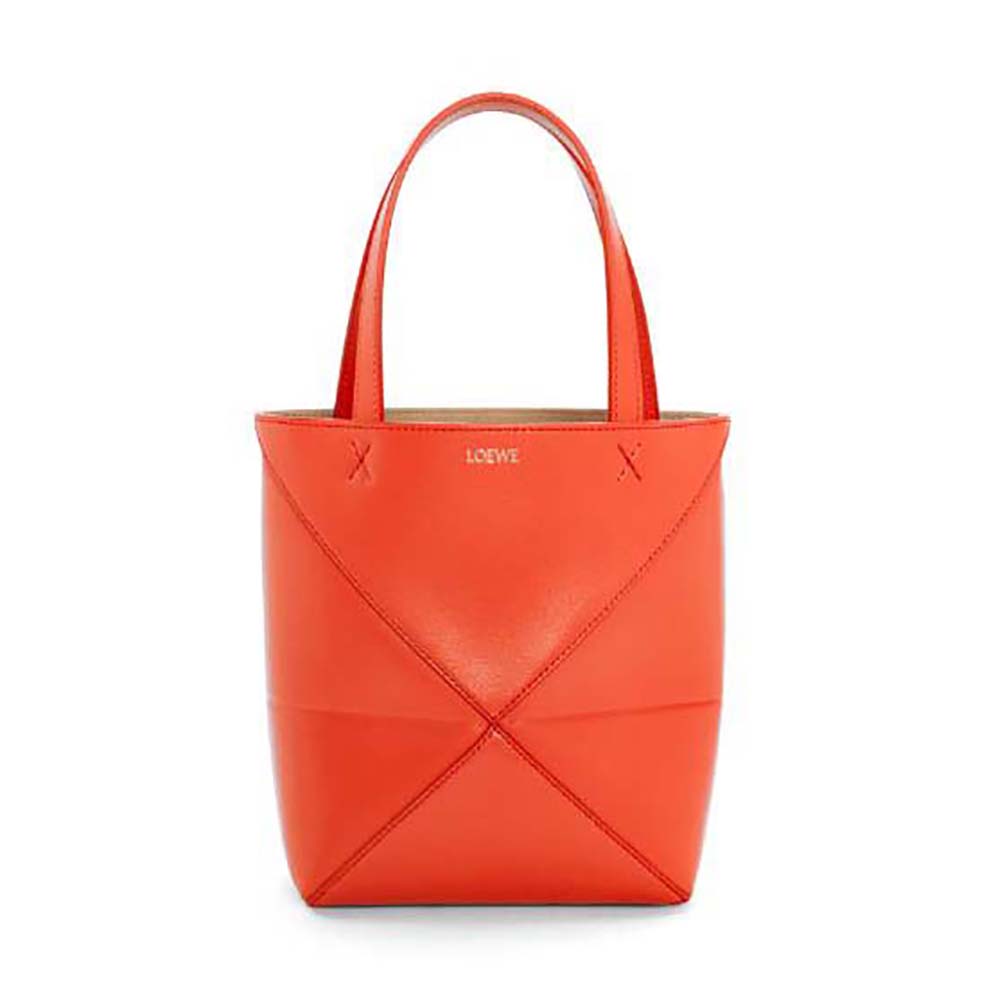 Front view of Loewe Unisex Mini Puzzle Fold Tote in shiny orange calfskin