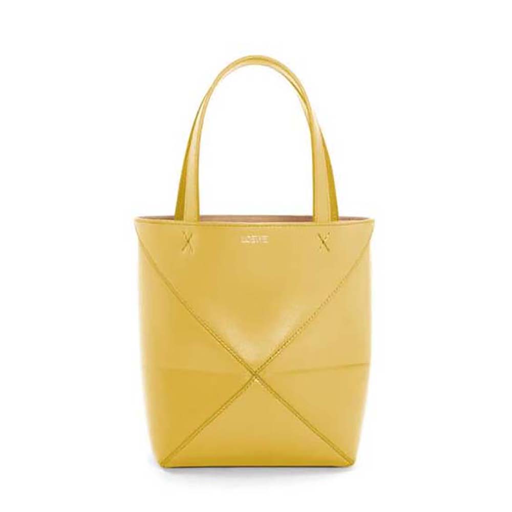 Front angle of Loewe Unisex Mini Puzzle Fold Tote in shiny yellow calfskin