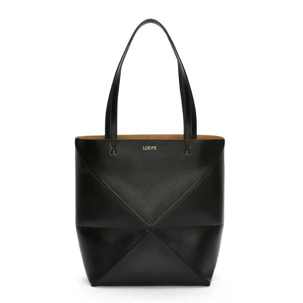 Front view of Loewe Unisex Puzzle Fold Tote in Shiny Calfskin-Black