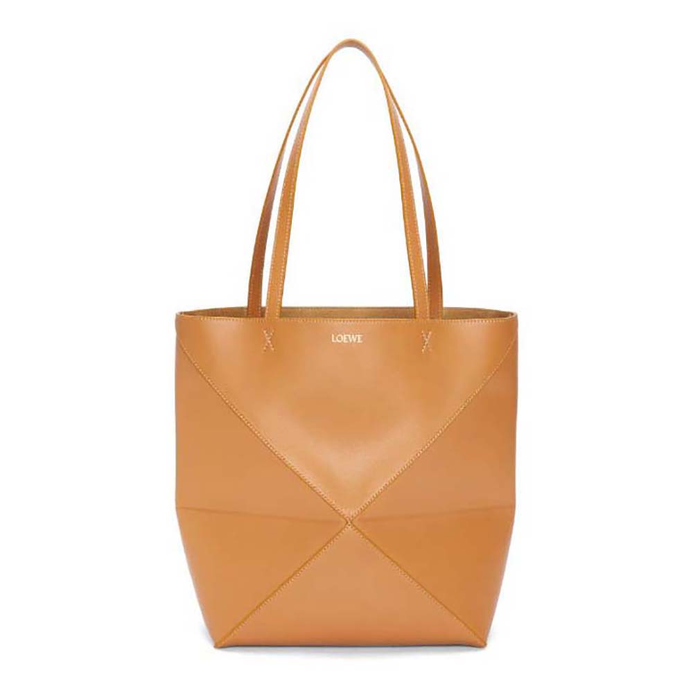 Front angle view of Loewe Unisex Puzzle Fold Tote in shiny brown calfskin