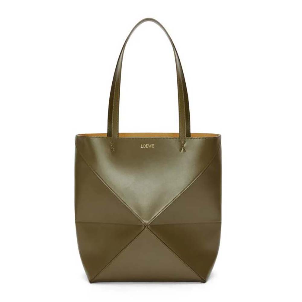 Front view of Loewe Unisex Puzzle Fold Tote in shiny green calfskin