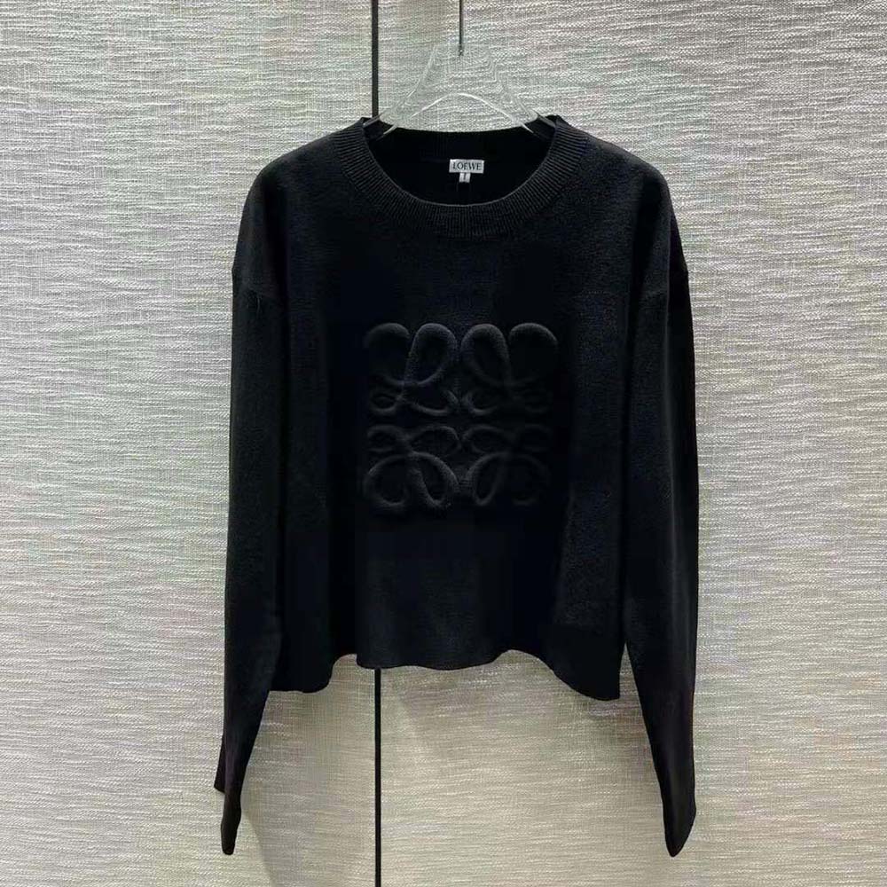 Side angle showing relaxed fit of Loewe Women Anagram Wool sweater