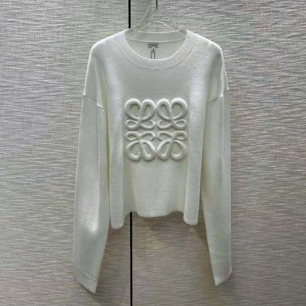 Close-up of Loewe Anagram embroidery detail on Wool-White sweater