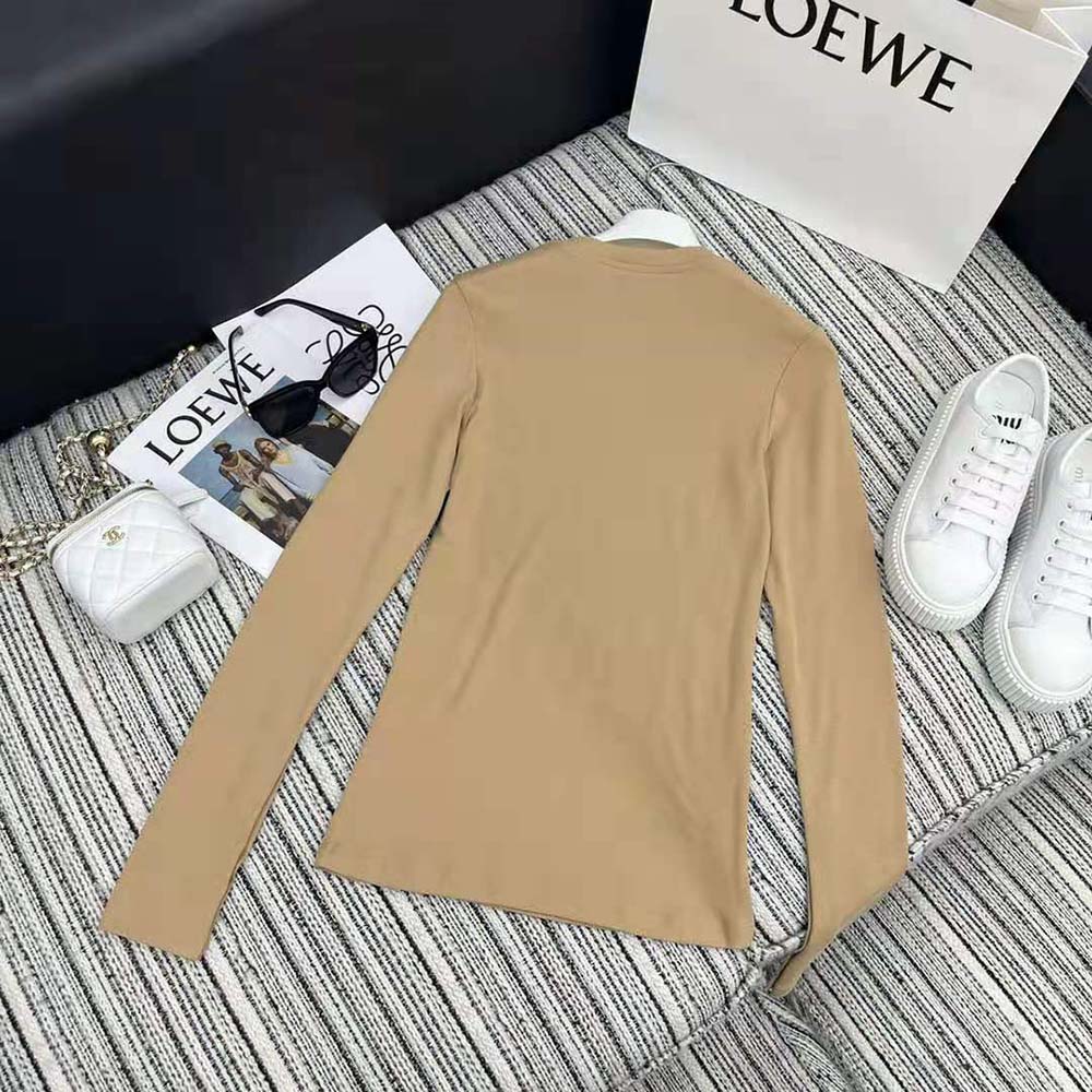 Side angle of Loewe Women Long Sleeve Top in Modal-Brown highlighting rich brown color