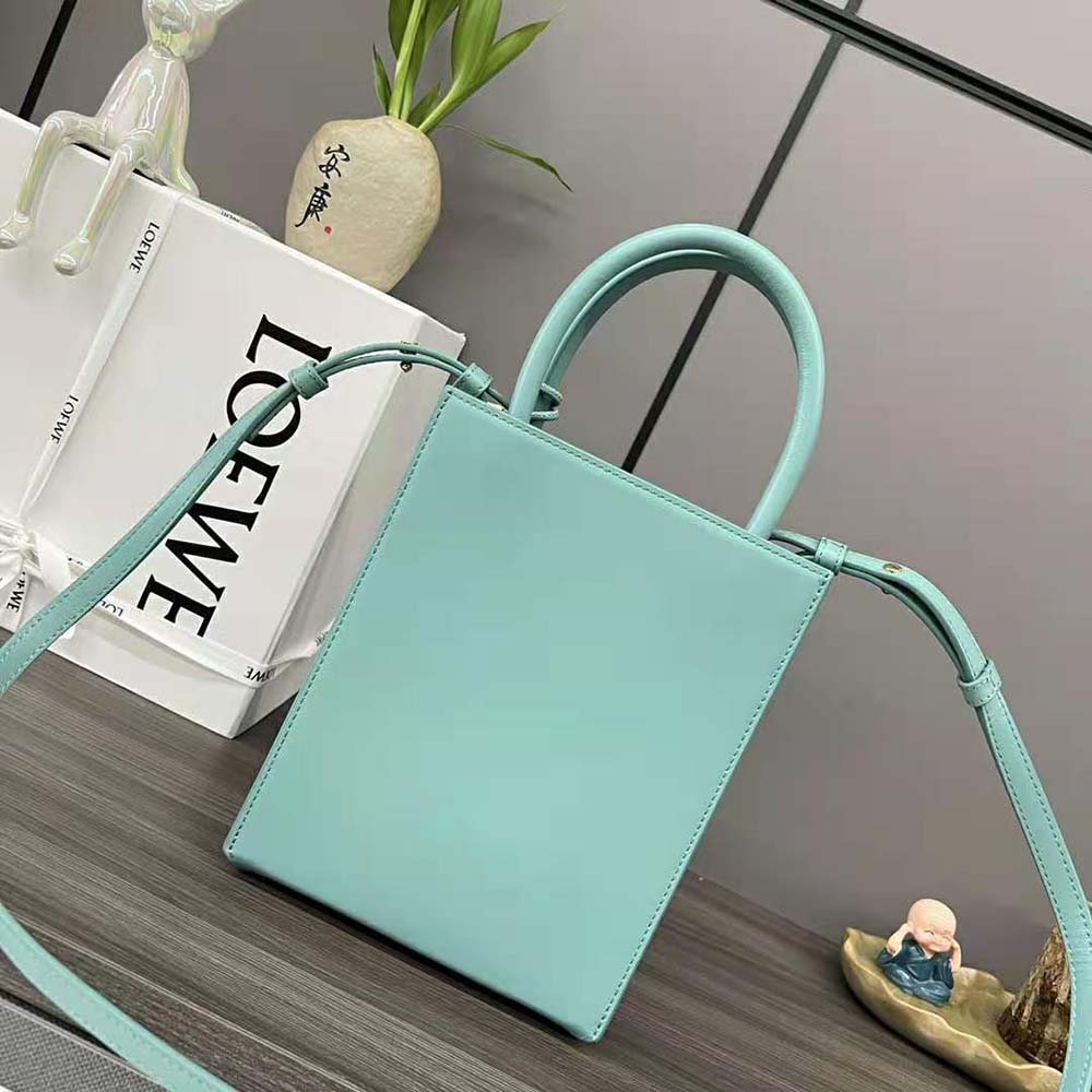 Side profile showing structured silhouette of Loewe Women Standard A5 Tote Aqua