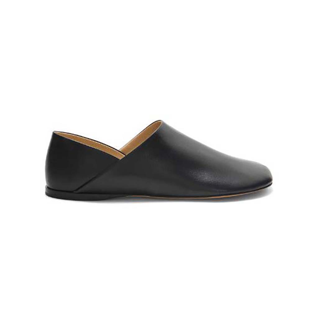 Side profile of Loewe Women Toy Slipper in Goatskin-Black showing sleek silhouette