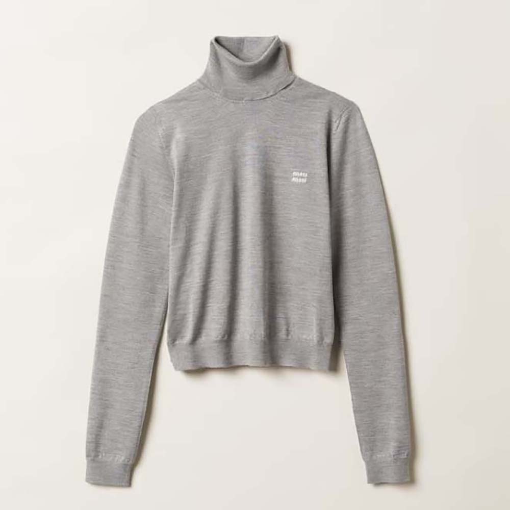 Front view of Miu Miu Women Cashmere and Silk Sweater with Intarsia Logo in silver