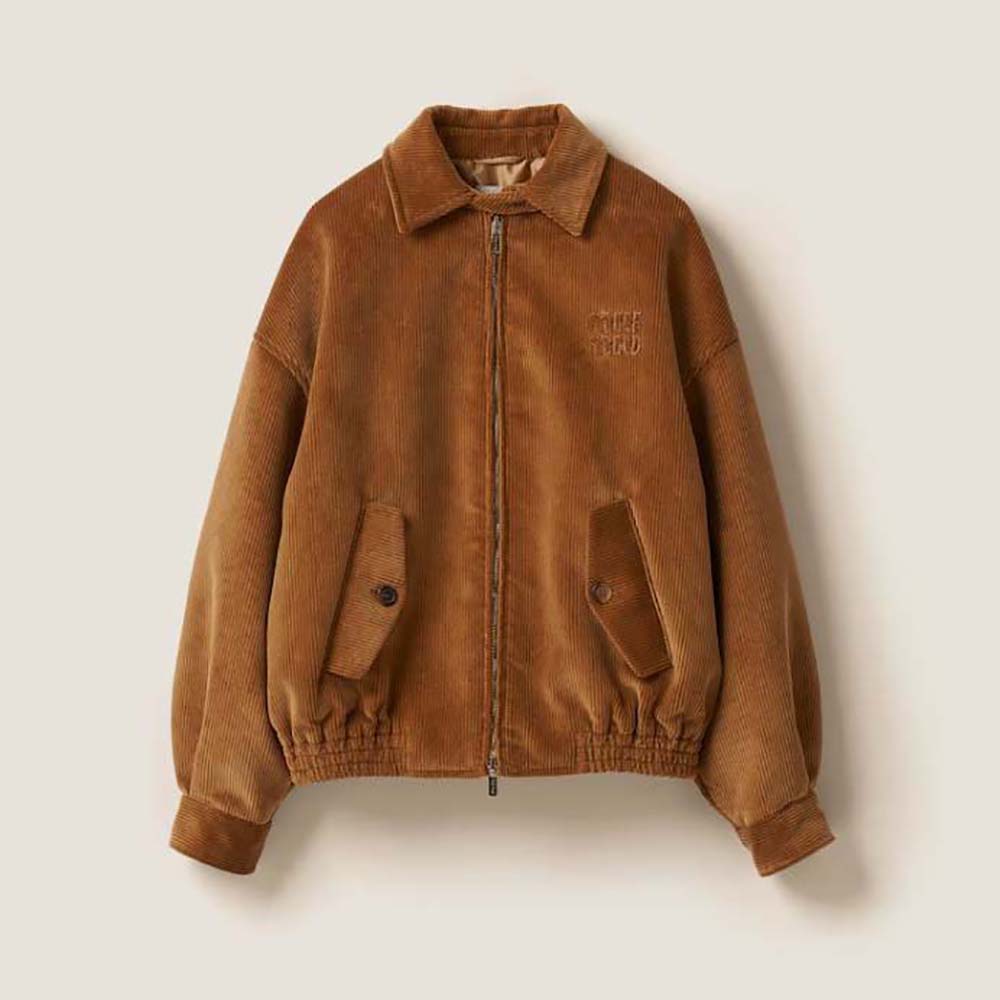 Front view of Miu Miu Women Corduroy Blouson Jacket-Brown with zip