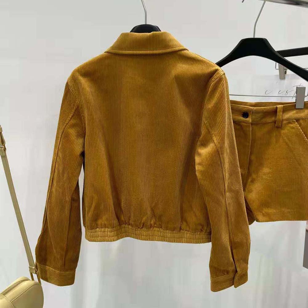 Side profile showing relaxed fit of Miu Miu Women Corduroy Blouson Jacket-Brown