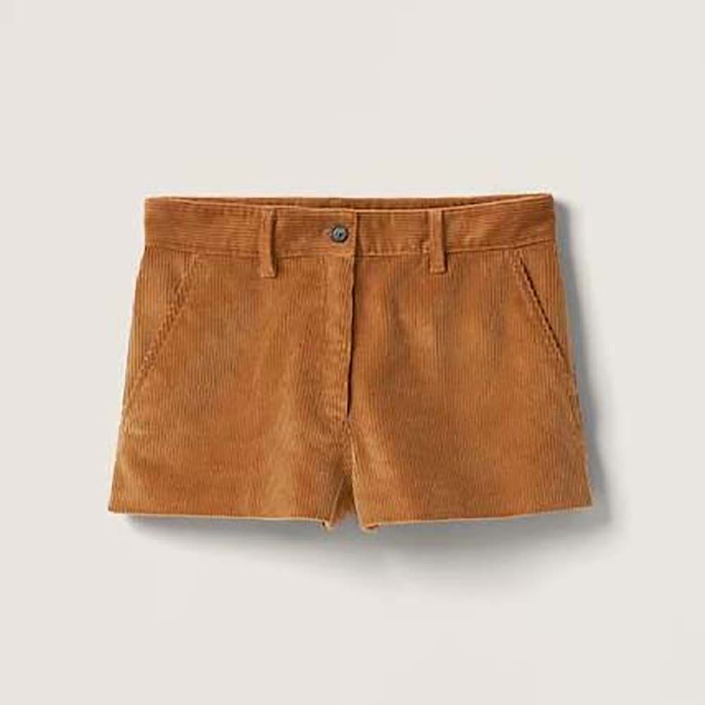 Front view of Miu Miu Women Corduroy Shorts with Embroidered Logo-Brown