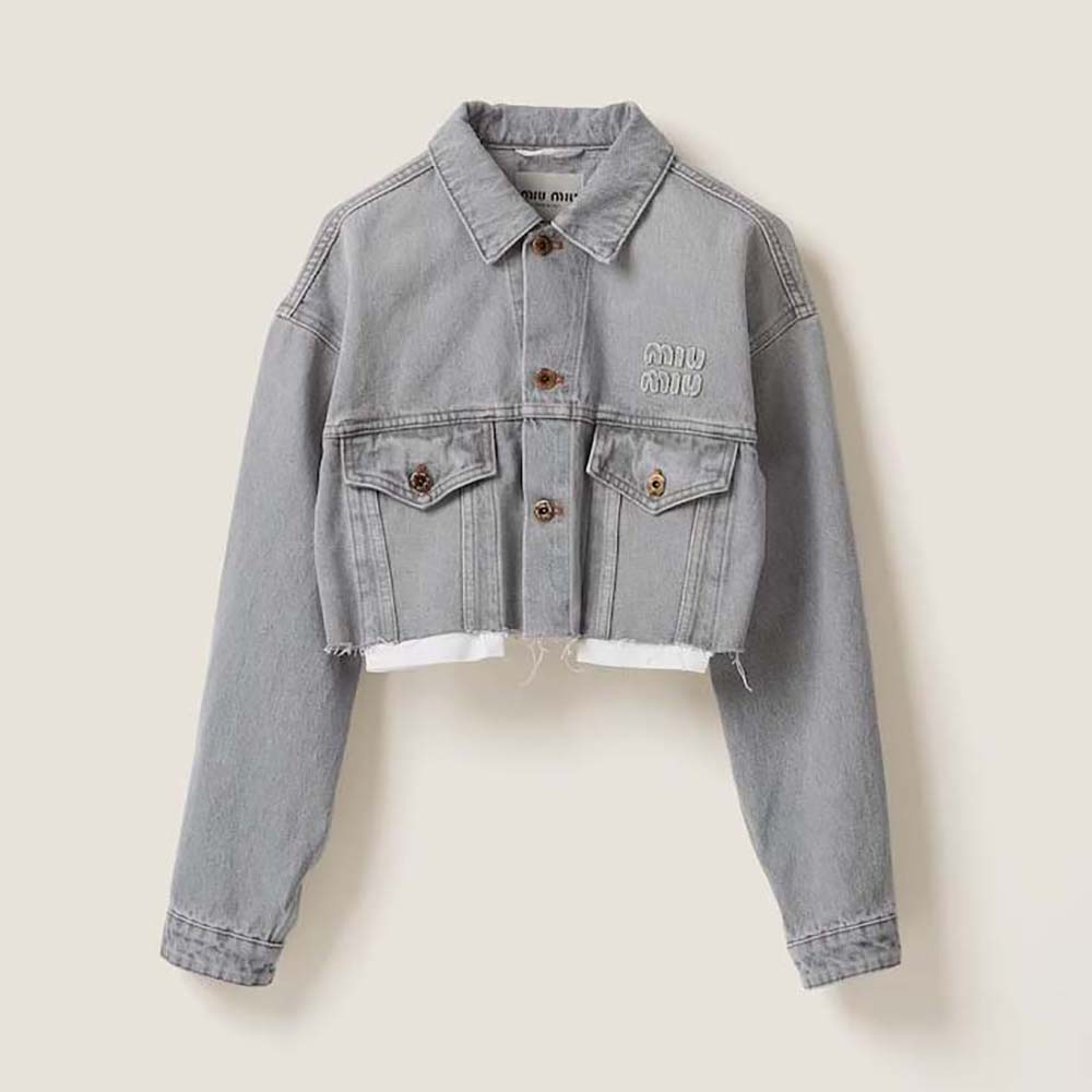 Front view of Miu Miu Women Denim Blouson Jacket with Embroidered Logo in silver