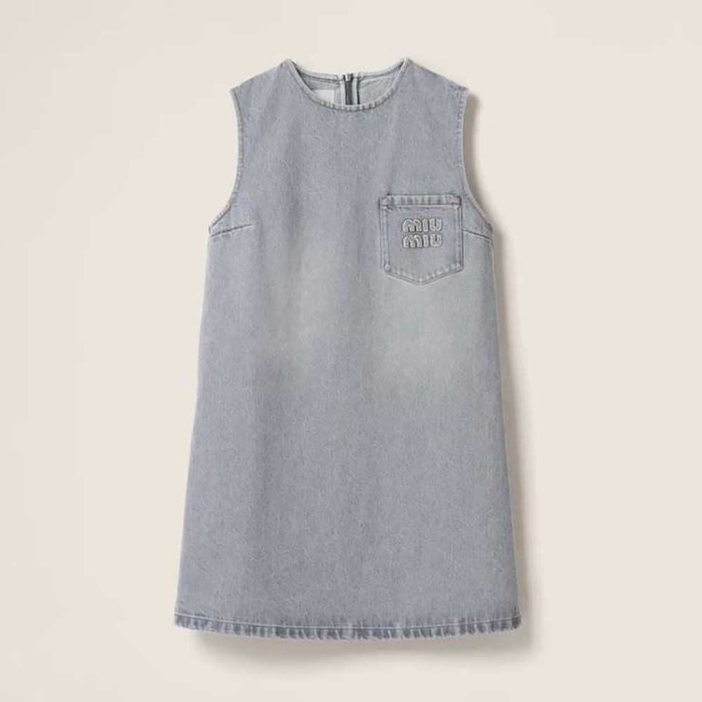 Front view of Miu Miu Women Denim Dress with Embroidered Logo in silver