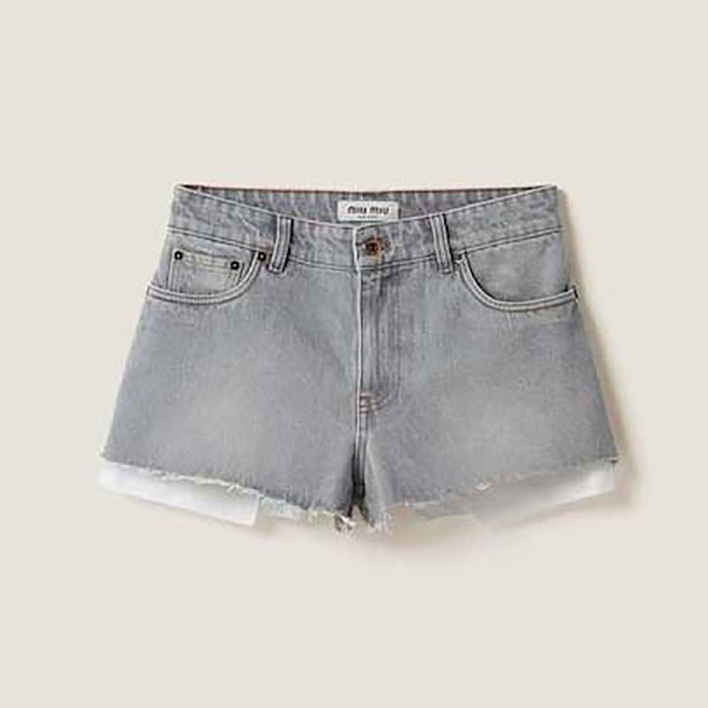 Front view of Miu Miu Women Denim Shorts with Embroidered Logo in silver