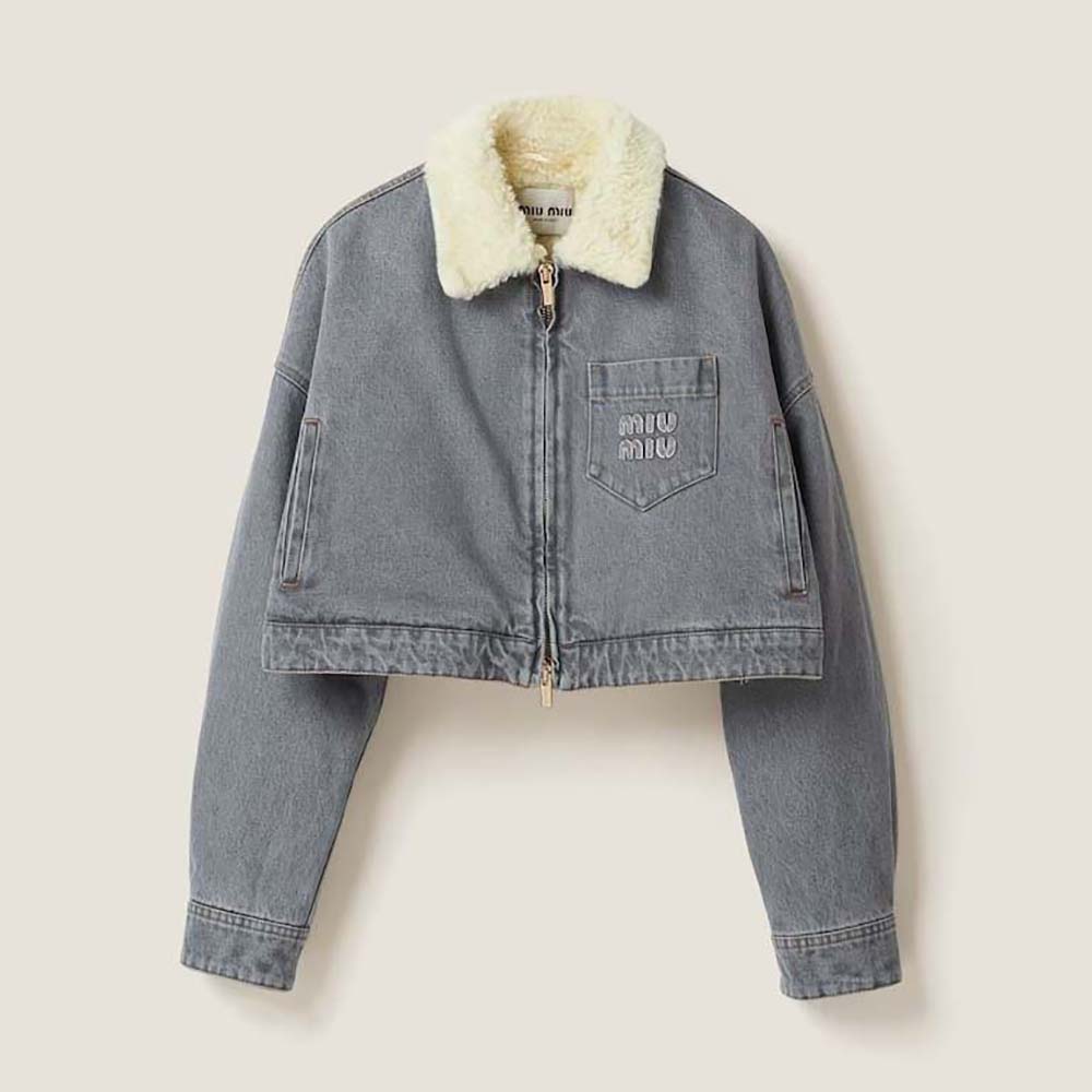 Front view of Miu Miu Women Embroidered Denim Blouson Jacket with Embroidered Logo