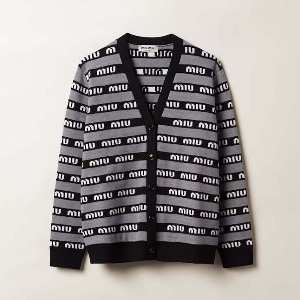 Front view of Miu Miu Women Wool Cardigan-Black buttoned up