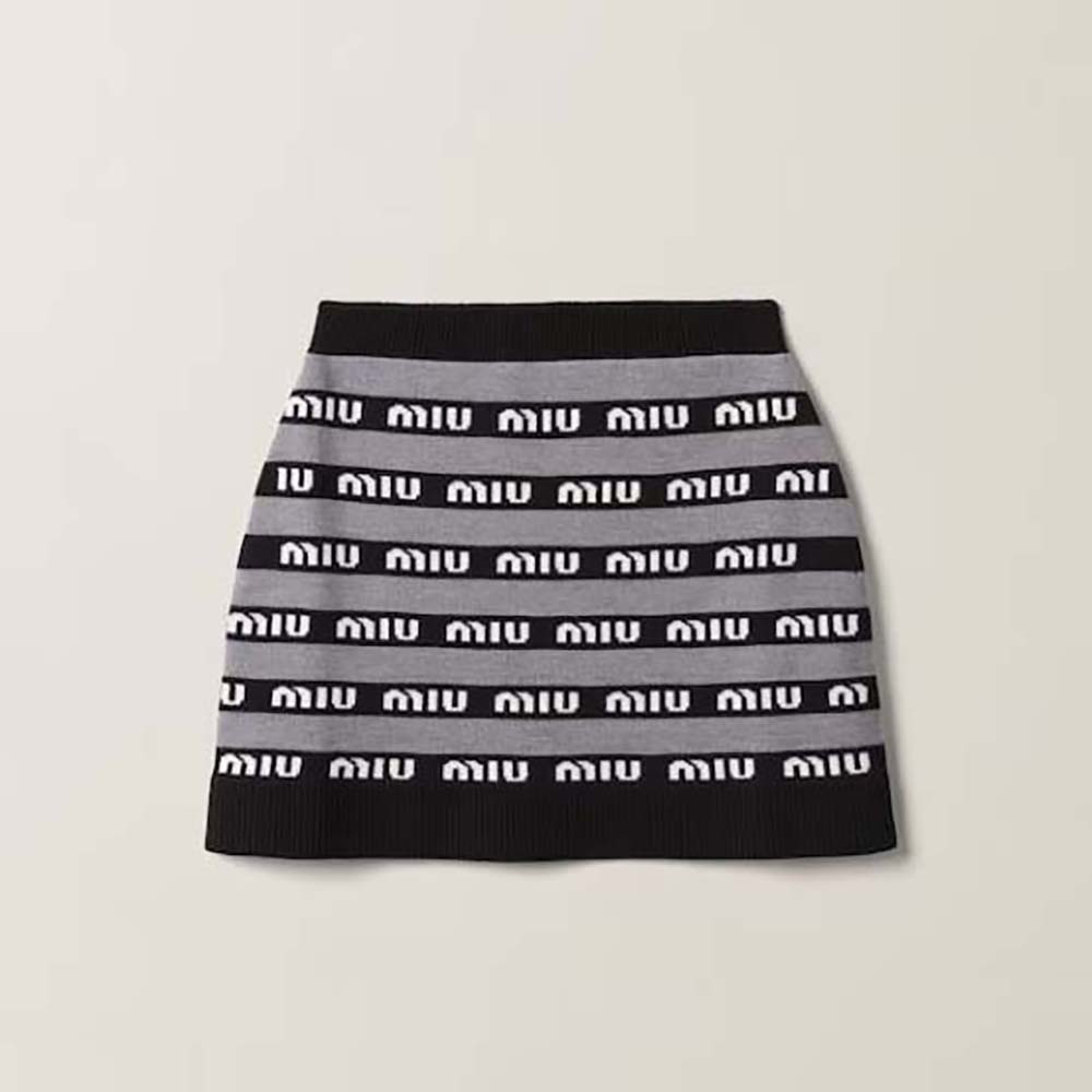 Front view of Miu Miu Women Wool Skirt with Jacquard Logo-Black