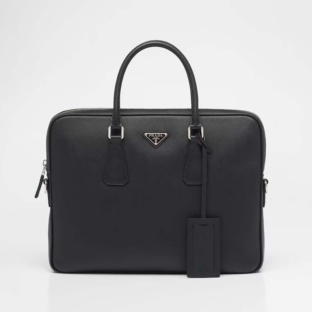Front view of Prada Men Saffiano Leather Work Bag-Black with zipper closed