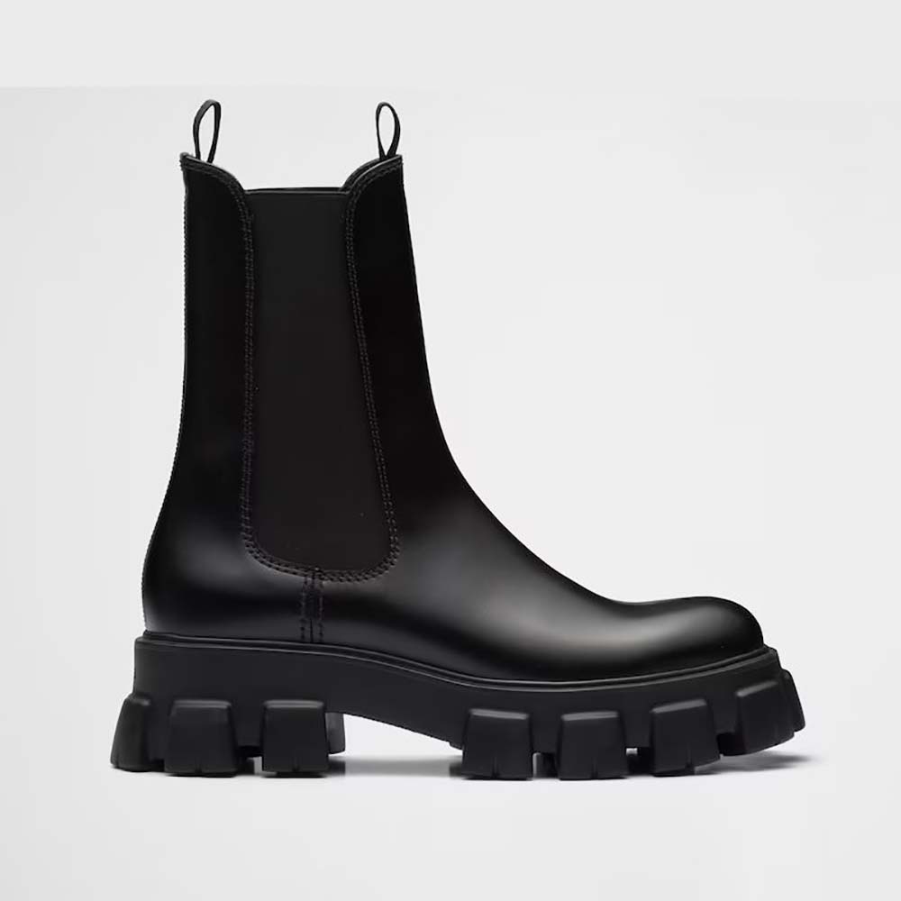 Side view of Prada Unisex Monolith Brushed Leather Chelsea Boots
