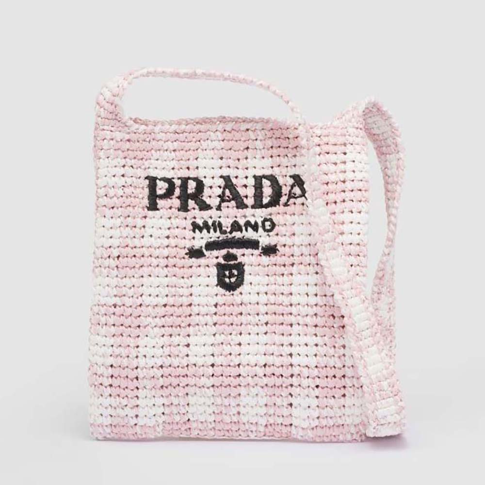 Front view of Prada Women Crochet Bag with Embroidered Lettering Logo-Pink