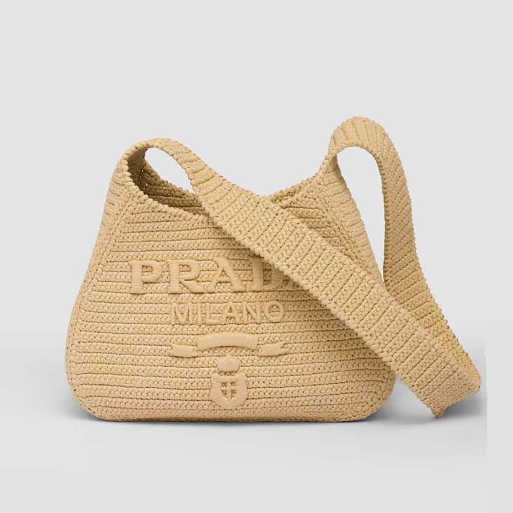 Front view of Prada Women Crochet Tote Bag with Embroidered Lettering Logo-Natural