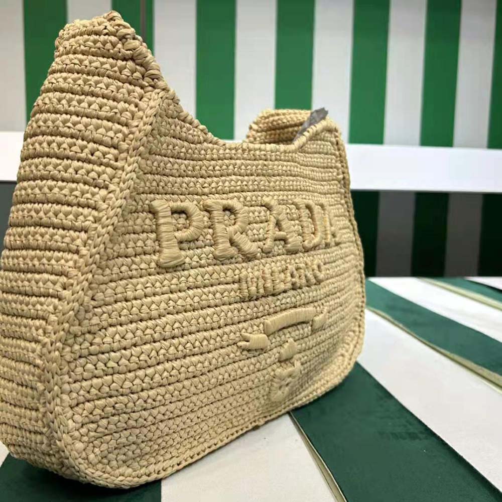 Prada Women Crochet Tote Bag with Embroidered Lettering Logo-Natural - image 8