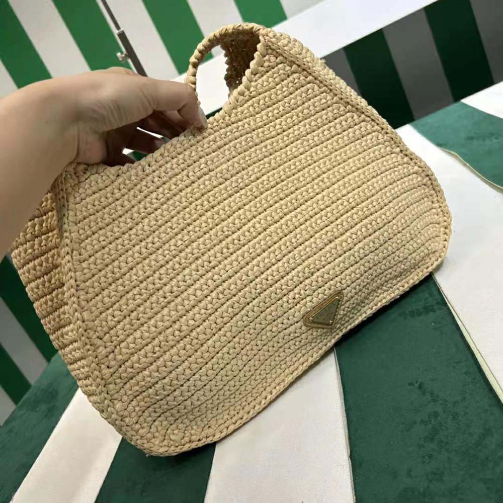 Prada Women Crochet Tote Bag with Embroidered Lettering Logo-Natural - image 5