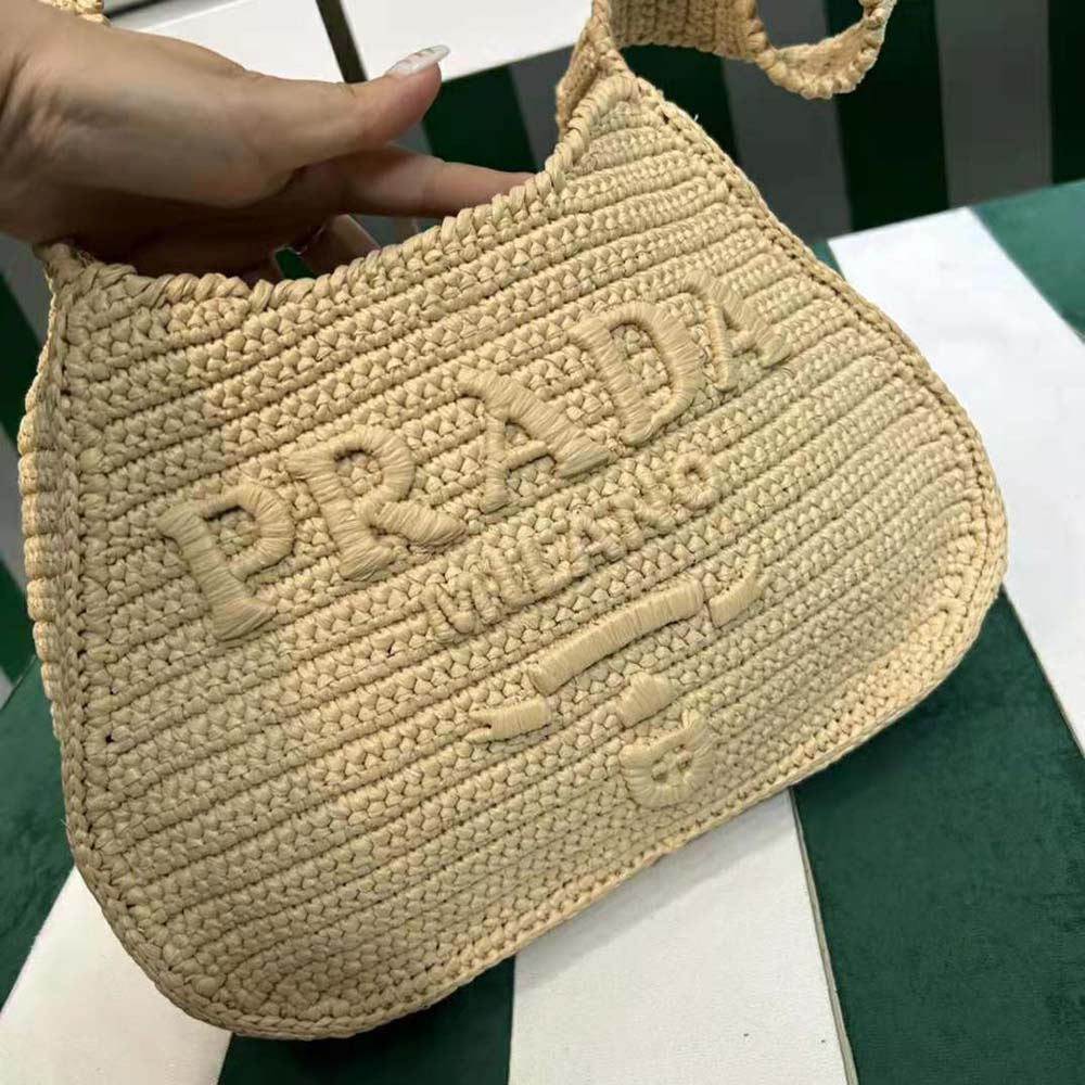 Prada Women Crochet Tote Bag with Embroidered Lettering Logo-Natural - image 7