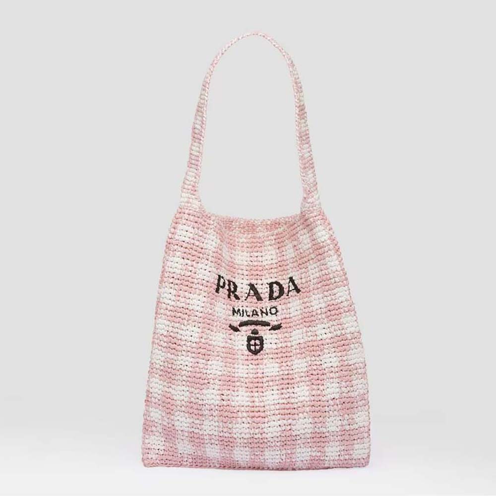 Front view of Prada Women Crochet Tote Bag with Embroidered Lettering Logo-Pink