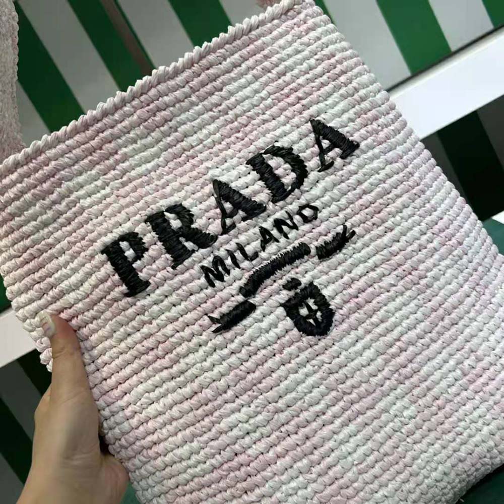 Prada Women Crochet Tote Bag with Embroidered Lettering Logo-Pink - image 5