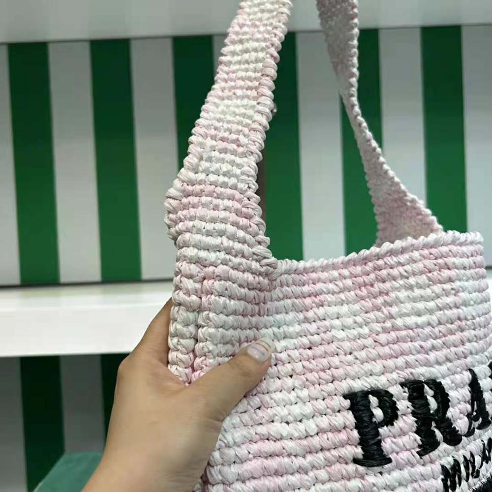 Prada Women Crochet Tote Bag with Embroidered Lettering Logo-Pink - image 8