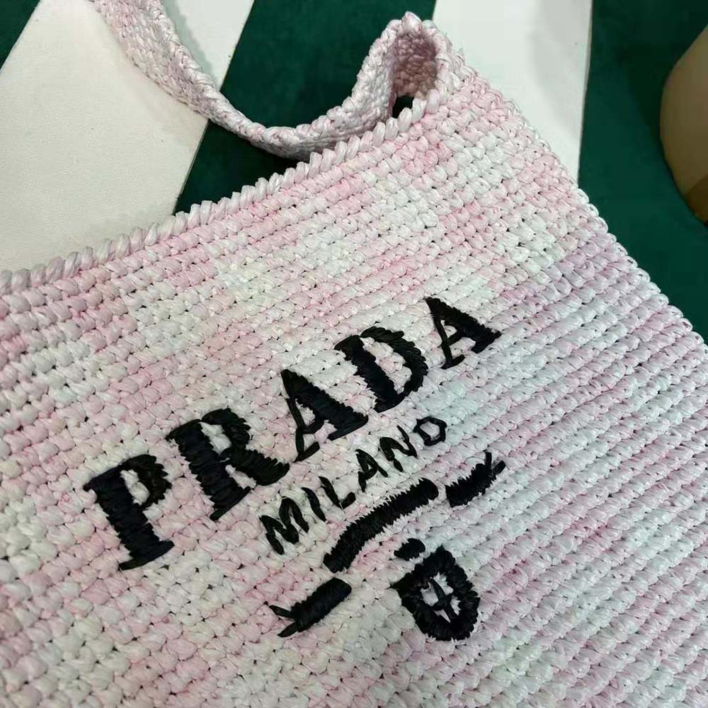 Prada Women Crochet Tote Bag with Embroidered Lettering Logo-Pink - image 7