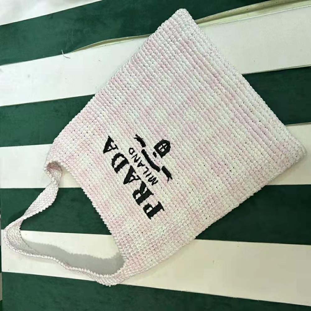 Prada Women Crochet Tote Bag with Embroidered Lettering Logo-Pink - image 4
