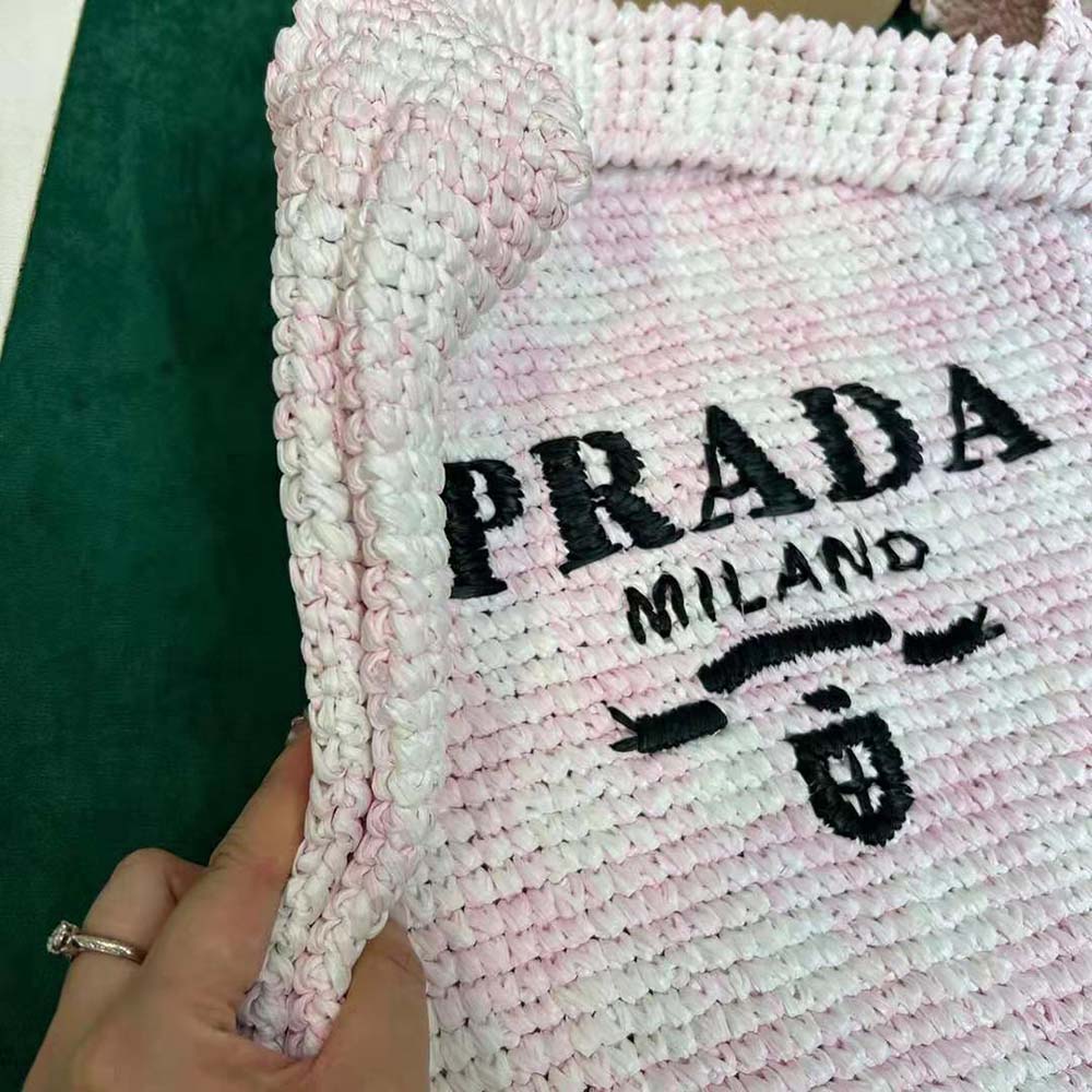Prada Women Crochet Tote Bag with Embroidered Lettering Logo-Pink - image 6