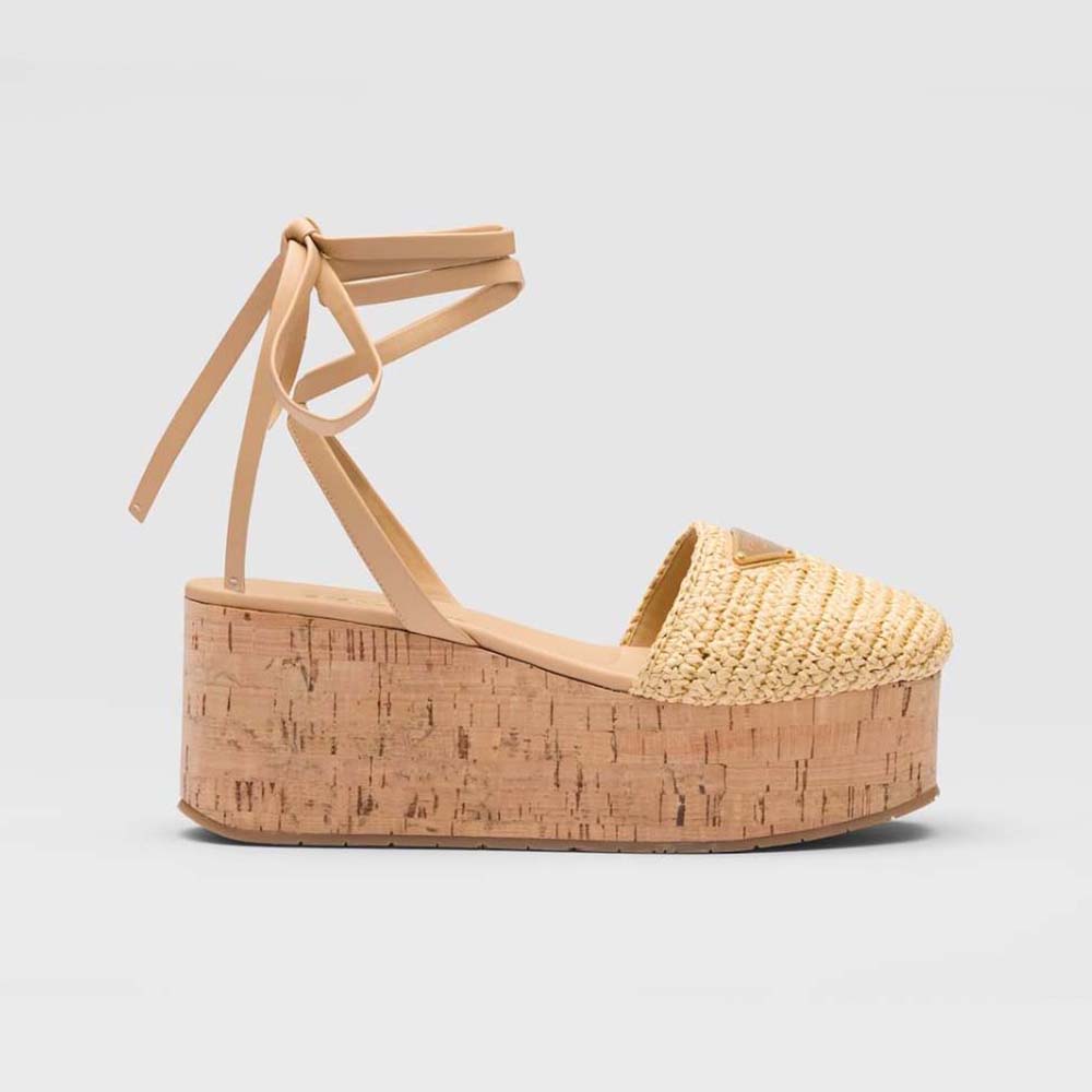 Side view of Prada Women Crochet Wedge Sandals with Enameled Metal Triangle Logo-Beige