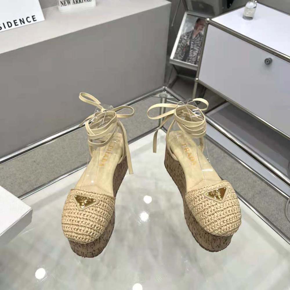 Top angle showing beige crochet detailing on Prada Women Wedge Sandals